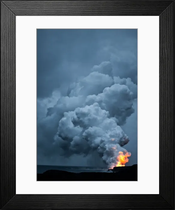 Framed Print : Aloha. A plume of smoke and steam as molten lava hits the Pacific Ocean Framed Print : Aloha. A plume of smoke and steam as molten lava hits the Pacific Ocean