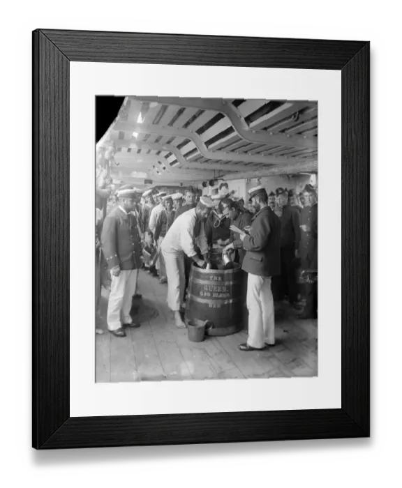 Framed Print : Yo Ho Ho. circa 1897: Sailors serving out grog on board the HMS Repulse Framed Print : Yo Ho Ho. circa 1897: Sailors serving out grog on board the HMS Repulse