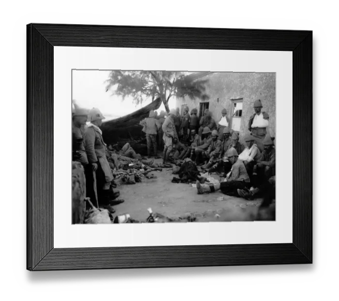 Framed Print : Boer War. circa 1900: A scene outside the field hospital as soldiers wait Framed Print : Boer War. circa 1900: A scene outside the field hospital as soldiers wait