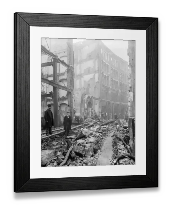 Framed Print : Aftermath. circa 1900: Fire damaged buildings in Jewin Crescent Framed Print : Aftermath. circa 1900: Fire damaged buildings in Jewin Crescent