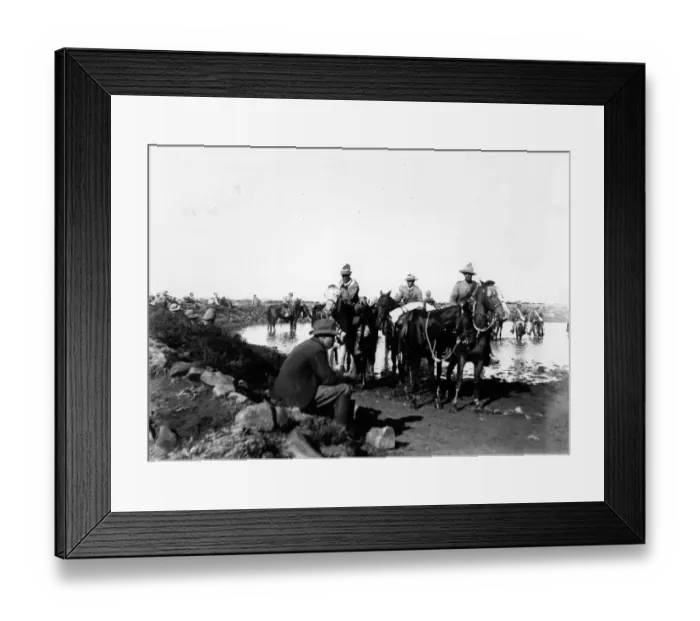 Framed Print : Boer War. circa 1900: Troups watering their horses Framed Print : Boer War. circa 1900: Troups watering their horses