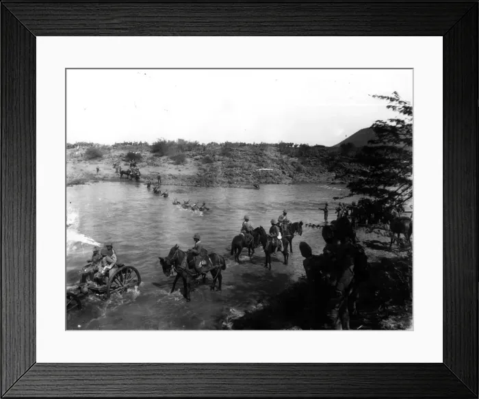 Framed Print : Boer War. circa 1900: British infantry crowning the Modder River with the Framed Print : Boer War. circa 1900: British infantry crowning the Modder River with the