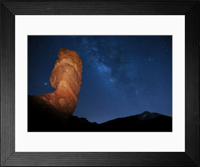 Framed Print : Illuminated Roque Cinchado in front of Pico del Teide with starry sky, Milky Way