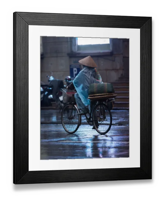 Framed Print : Bicycle vendor, hawker, bicycle, rain, street, vertical Framed Print : Bicycle vendor, hawker, bicycle, rain, street, vertical