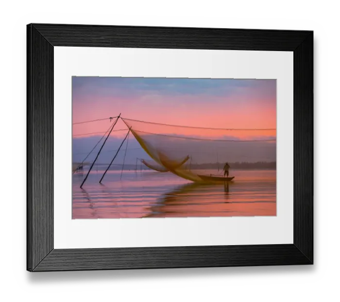 Framed Print : One fisherman with fishing net system, Hoi An ancient town, Vietnam