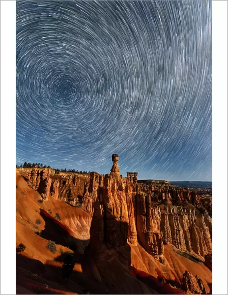 The star trail over Thor hammer in Bryce canyon national park
