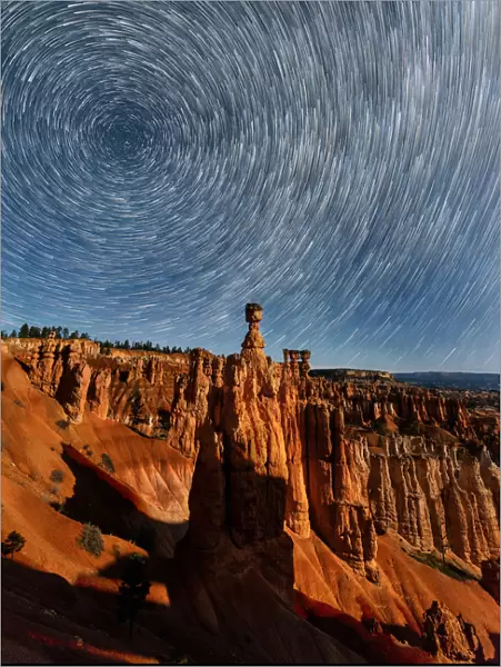 The star trail over Thor hammer in Bryce canyon national park