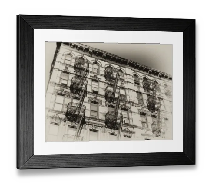 Framed Print : Vintage, sepia-toned rendition of a New York City landmark: fire escapes in tenement building in the Lower East Side Framed Print : Vintage, sepia-toned rendition of a New York City landmark: fire escapes in tenement building in the Lower East Side