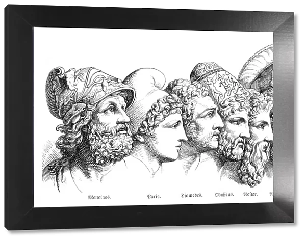 Engraving portrait of greek heroes of Troja 1880