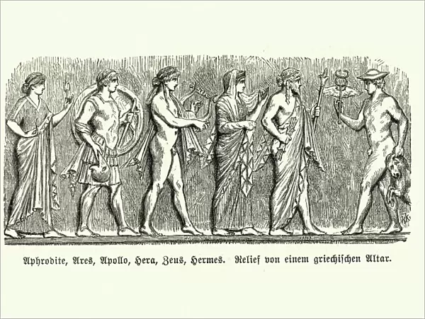 Ancient gods of olympus Aphrodite, Ares, Apollo, Hera, Zeus, Hermes