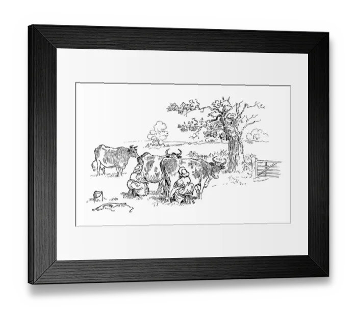 Framed Print : Two milkmaids milking cows in a field Framed Print : Two milkmaids milking cows in a field