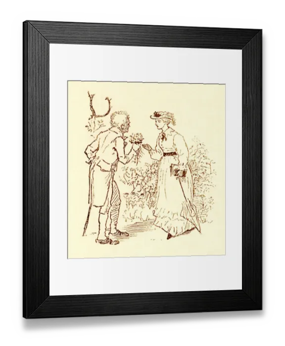 Framed Print : Randolph Caldecott - Man presenting bunch of flowers to woman