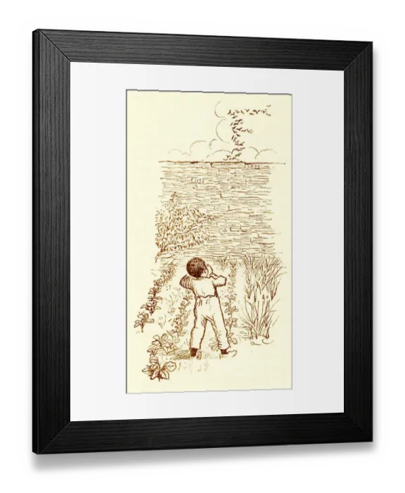 Framed Print : Randolph Caldecott sketch of a small Victorian boy scaring birds Framed Print : Randolph Caldecott sketch of a small Victorian boy scaring birds