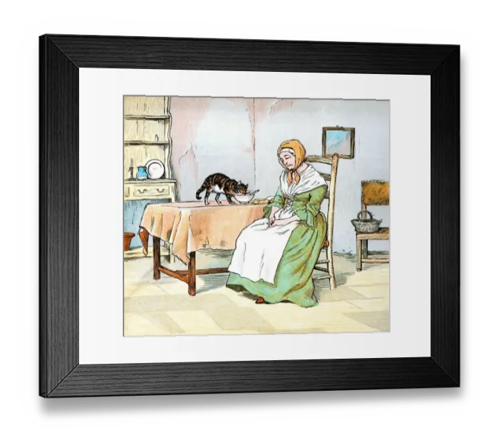 Framed Print : Old lady asleep while the cat steals her breakfast Framed Print : Old lady asleep while the cat steals her breakfast