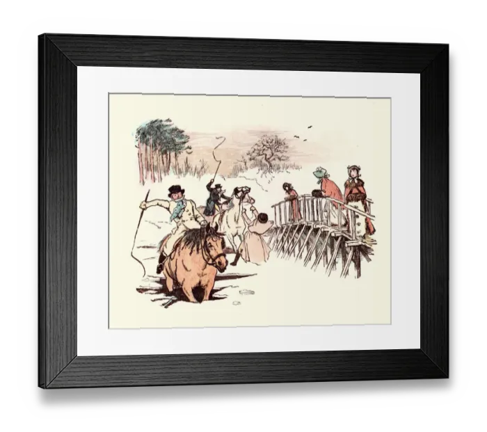 Framed Print : Victorian travellers trying to cross a frozen river Framed Print : Victorian travellers trying to cross a frozen river