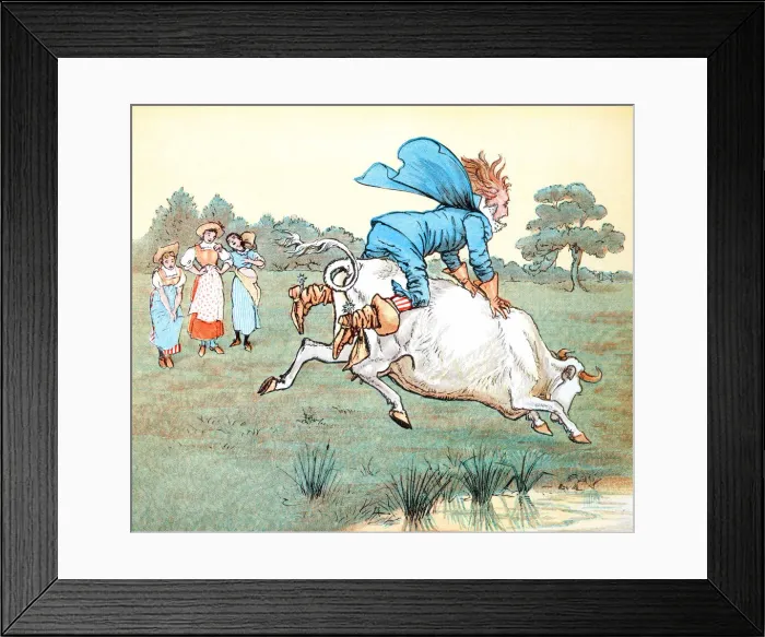 Framed Print : Man trying to ride a cow Framed Print : Man trying to ride a cow