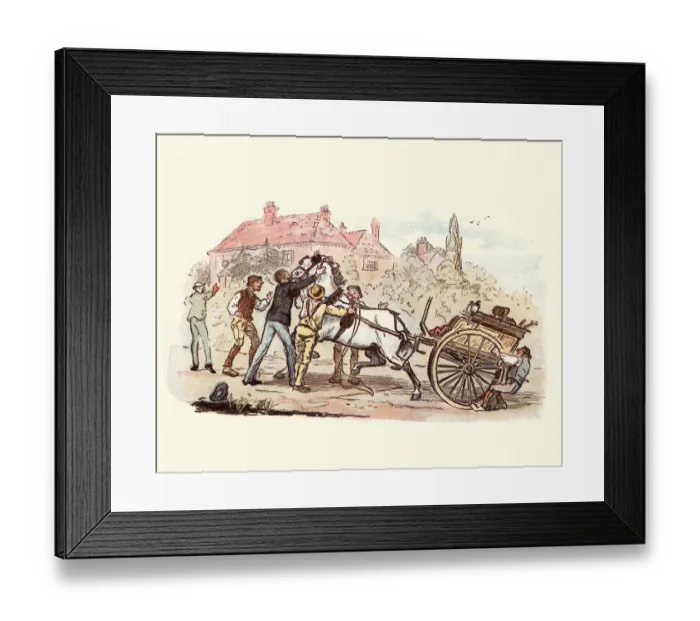 Framed Print : Victorian men struggling to control a horse and cart
