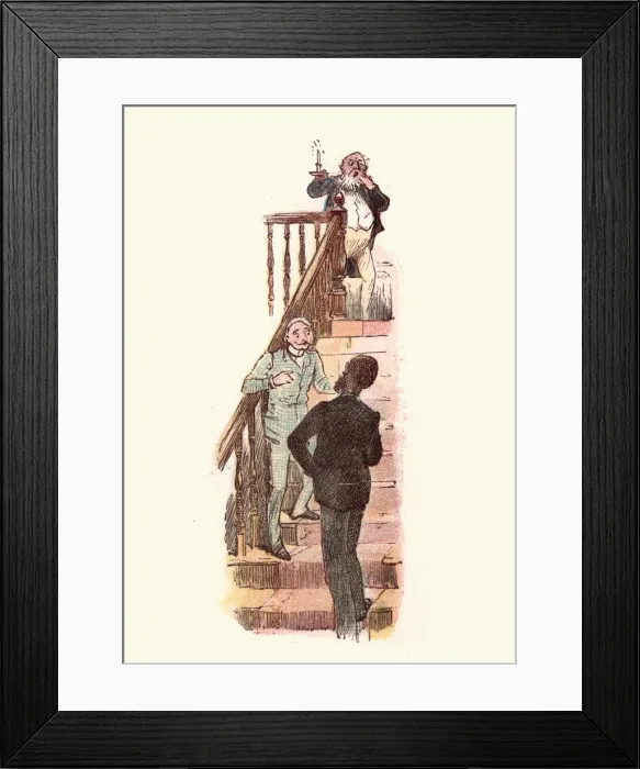 Framed Print : Victorian men talking on a staircase Framed Print : Victorian men talking on a staircase