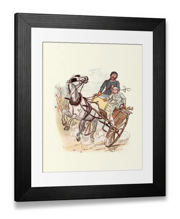 Framed Print : Victorian men driving an out of control horse and cart Framed Print : Victorian men driving an out of control horse and cart