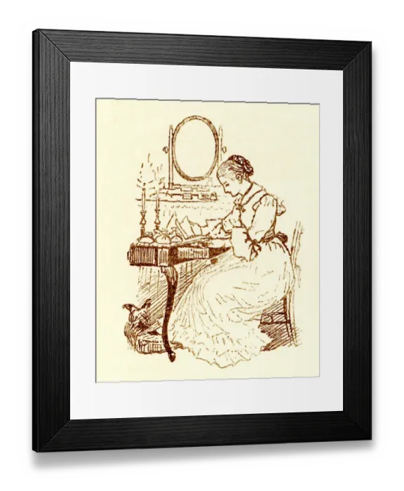 Framed Print : Randolph Caldecott sketch of a Victorian woman at her desk Framed Print : Randolph Caldecott sketch of a Victorian woman at her desk
