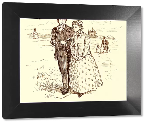 Randolph Caldecott illustration - young Victorian couple walking