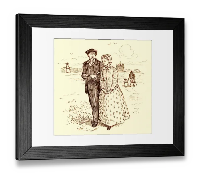 Framed Print : Randolph Caldecott illustration - young Victorian couple walking