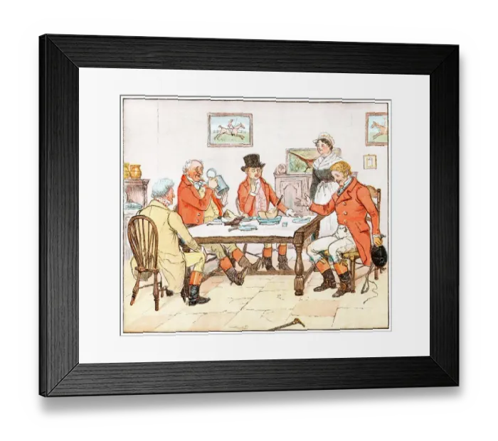 Framed Print : Foxhunting men enjoying a post-hunt meal Framed Print : Foxhunting men enjoying a post-hunt meal