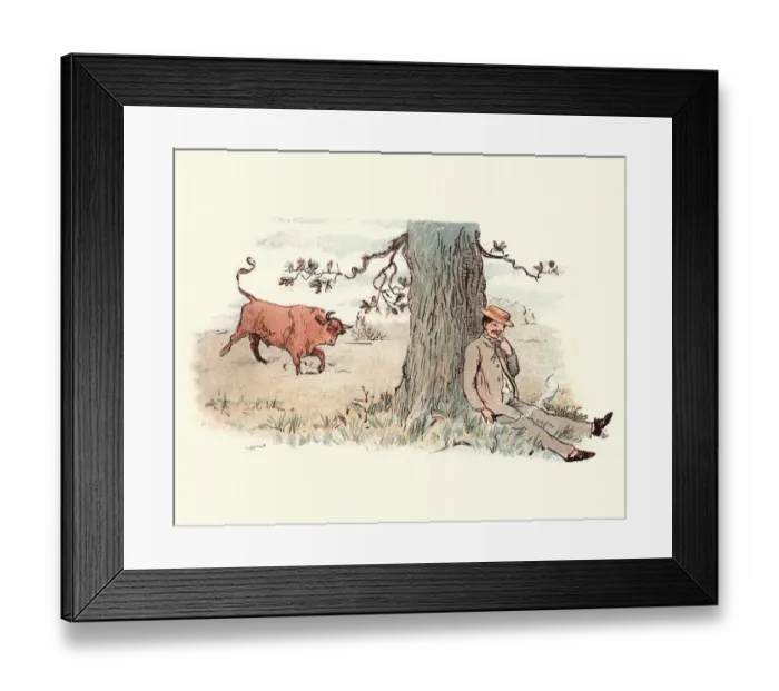 Framed Print : Victorian man relaxing by a tree, bull watches him Framed Print : Victorian man relaxing by a tree, bull watches him