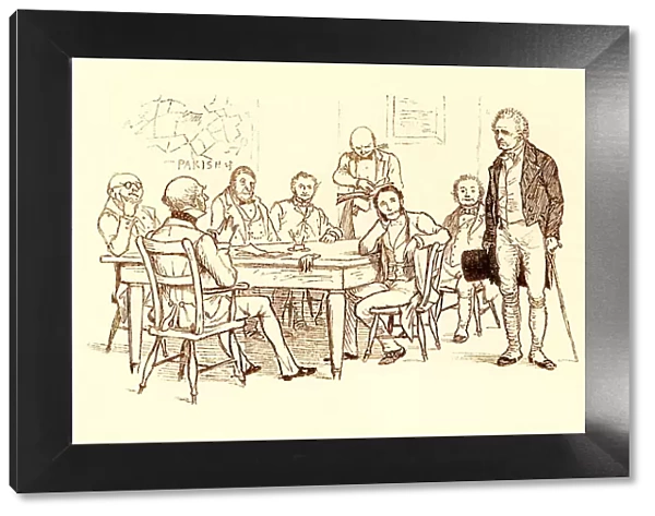 Randolph Caldecott illustration: old man meeting Parish Board of Guardians