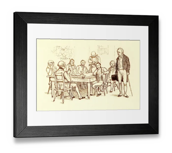 Framed Print : Randolph Caldecott illustration: old man meeting Parish Board of Guardians Framed Print : Randolph Caldecott illustration: old man meeting Parish Board of Guardians