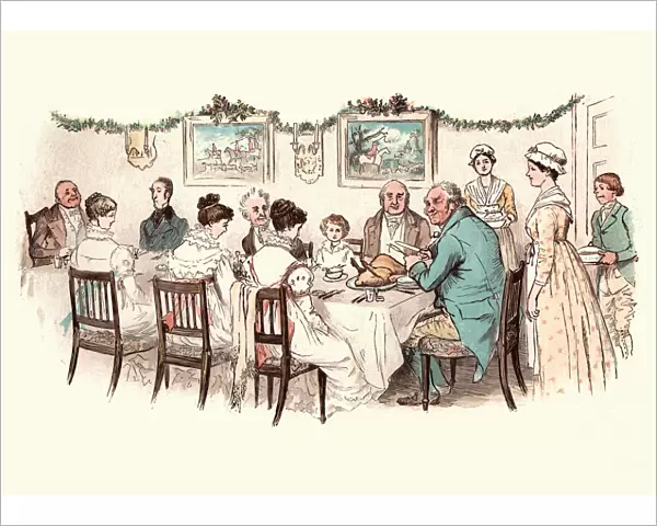 Large family enjoying a victorian christmas dinner