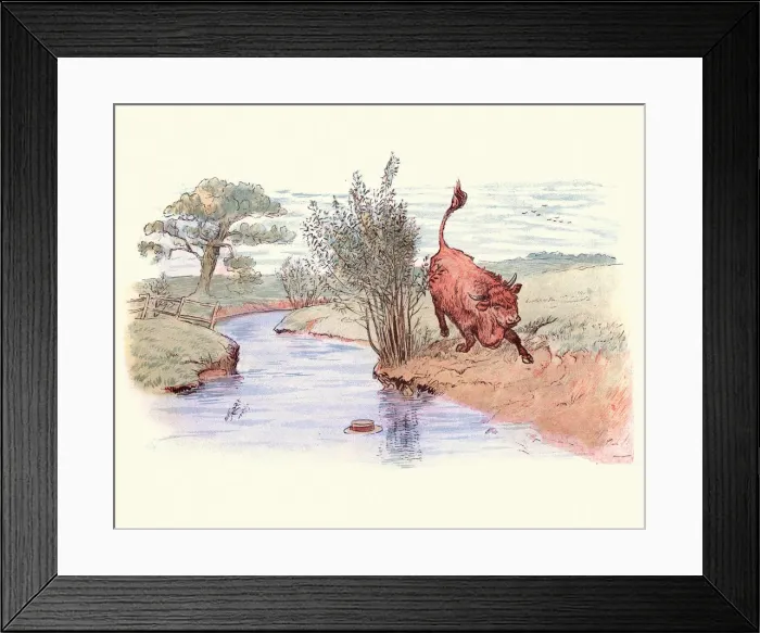 Framed Print : Bull chasing a straw hat down a stream Framed Print : Bull chasing a straw hat down a stream