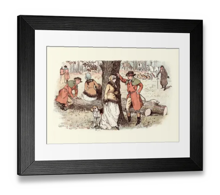 Framed Print : Young woman flirting with huntsmen, 19th Century Framed Print : Young woman flirting with huntsmen, 19th Century