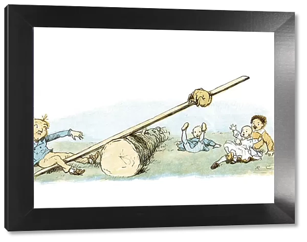 Seesaw. Vintage colour lithograph from 1883 a man and children playing Seesaw 