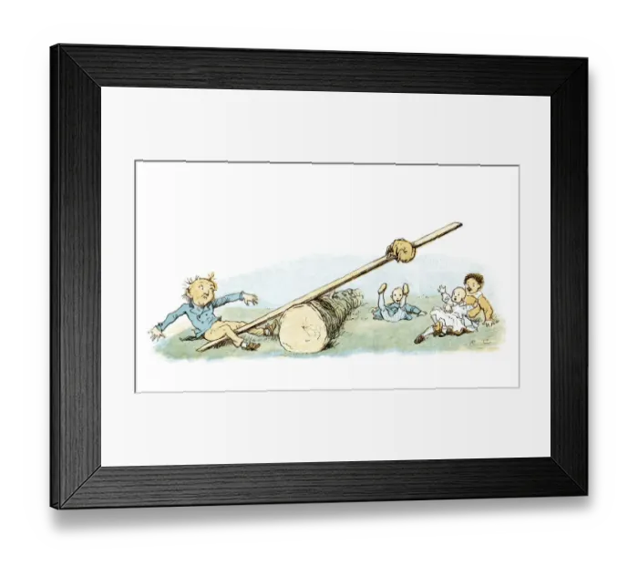 Framed Print : Seesaw. Vintage colour lithograph from 1883 a man and children playing Seesaw Framed Print : Seesaw. Vintage colour lithograph from 1883 a man and children playing Seesaw