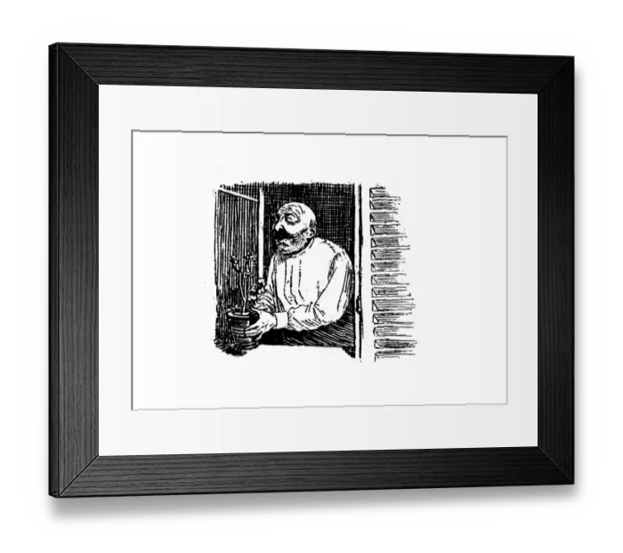 Framed Print : Antique illustration by Randolph Caldecott: Man with vase on window Framed Print : Antique illustration by Randolph Caldecott: Man with vase on window