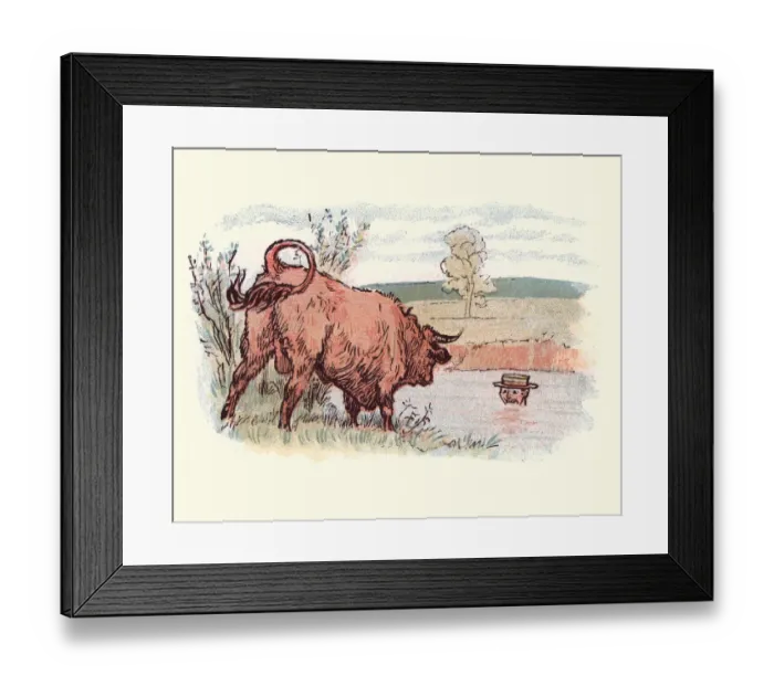Framed Print : Victorian man hiding from a angry bull Framed Print : Victorian man hiding from a angry bull