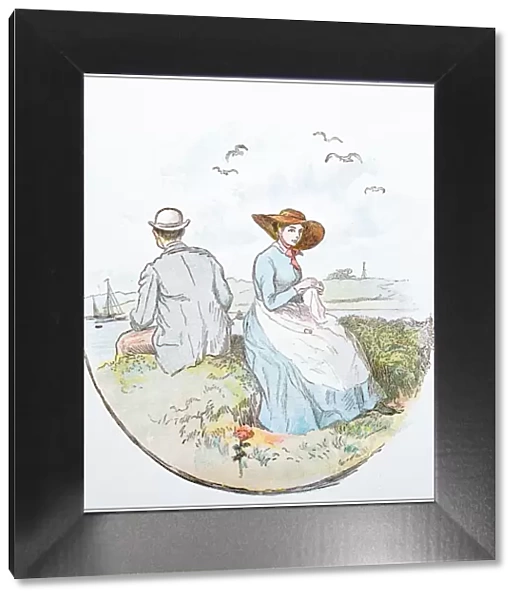 Antique illustration by Randolph Caldecott: couple outdoor