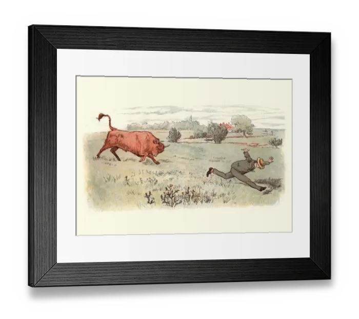 Framed Print : Victorian man being chased through field by an angy bull