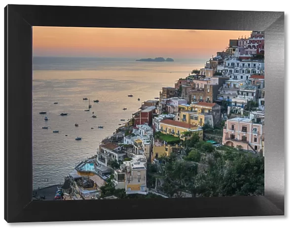 Panoramic view at the sunset of amazing city of Positano