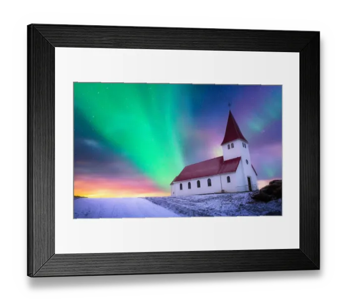 Framed Print : aurora borealis over the church landing on the hill covered by snow, Vik i myrdal church