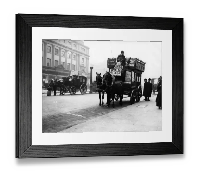 Framed Print : Horse Bus. 1900: A garden-seat horse-drawn bus in London Framed Print : Horse Bus. 1900: A garden-seat horse-drawn bus in London