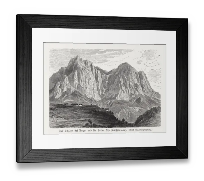 Framed Print : Schlern and Tuffalm (VAols), Dolomiti, Italy, woodcut, published 1897 Framed Print : Schlern and Tuffalm (VAols), Dolomiti, Italy, woodcut, published 1897