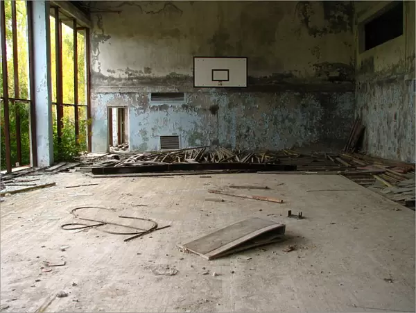 A basketball court in ruins at the Chernobyl nucle