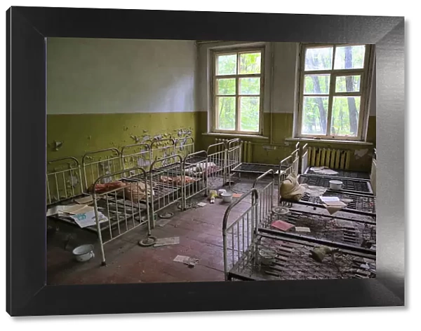 The bedroom in abandoned kindergarten within Chernobyl exclusion zone
