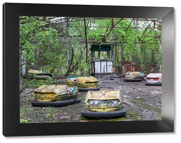Abandoned bumper cars in the amusement park of Pripyat City