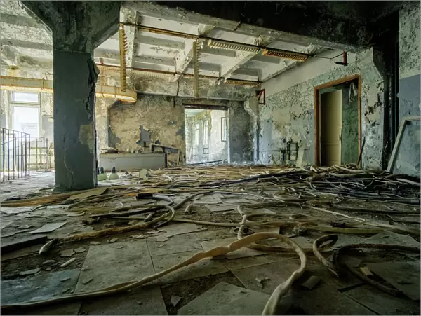 An abandoned building in the deserted city of Pripyat, near the Chernobyl nuclear power plant