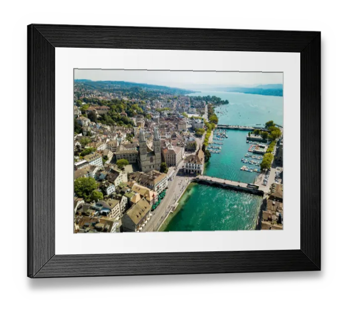 Framed Print : Aerial view of the Grossm├╝nster Church, Zurich