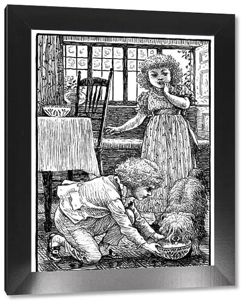 Victorian children feeding a dog