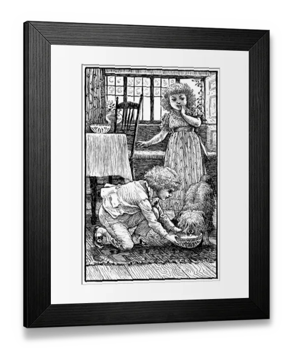 Framed Print : Victorian children feeding a dog
